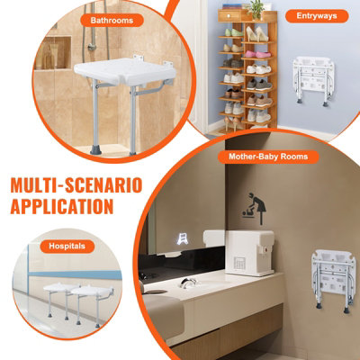 VEVOR Folding PE Shower Seat, 15.7'' x 14.8'' Unfolded, Wall Mounted Fold Up Shower Bench with 500 lbs Load Capacity