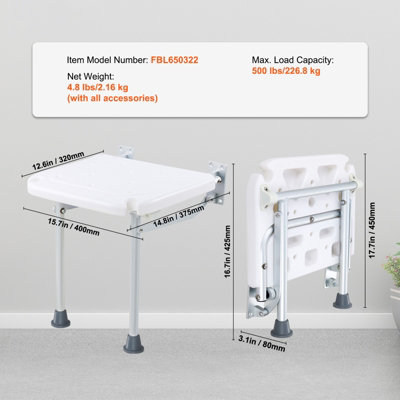 VEVOR Folding PE Shower Seat, 15.7'' x 14.8'' Unfolded, Wall Mounted Fold Up Shower Bench with 500 lbs Load Capacity