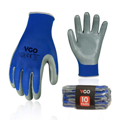 VGO 10-Pairs Safety Work Gloves, Gardening Gloves, Non-slip Nitrile coating, Dipping Gloves (NT2110, 9/L, Blue, )