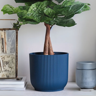 Vibes Fold Round Plant Pot Indoor Home Decorative Flower Herb Planter Embossed Design Recycled Plastic 16cm Deep Blue Navy
