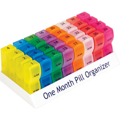 Vibrant One Month Pill Organizer with Flip Top Lids - 32 Compartments for AM and PM