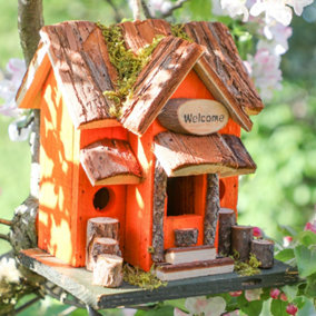 Vibrant Orange Decorative Hanging Bird House Garden Lodge Birdbox Wood Bird Nesting Box with Moss Details