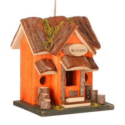 Vibrant Orange Decorative Hanging Bird House Garden Lodge Birdbox Wood Bird Nesting Box with Moss Details