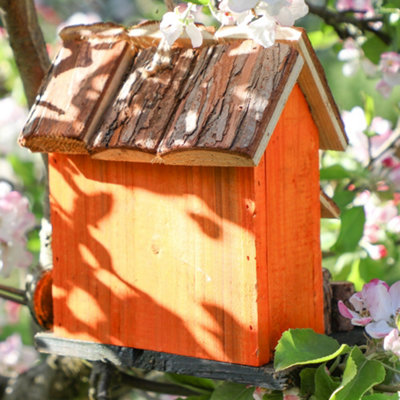 Vibrant Orange Decorative Hanging Bird House Garden Lodge Birdbox Wood Bird Nesting Box with Moss Details