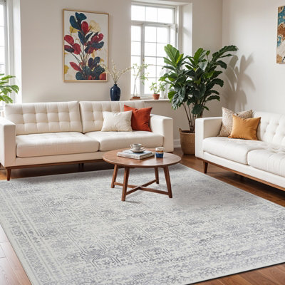 VICKY Round Vintage Traditional Oriental Boho Grey Area Rug 200 x 200 cm