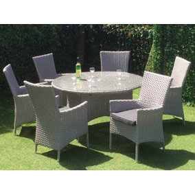 Victoria 6 Seater Round Dining Set - Weave Rattan - Outdoor Garden Furniture - Table & Chairs - Light Grey