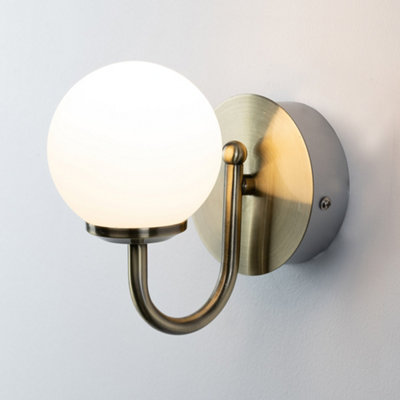 Victoria Bathroom IP44 Wall Light Antique Brass arm White Opal Glass ...