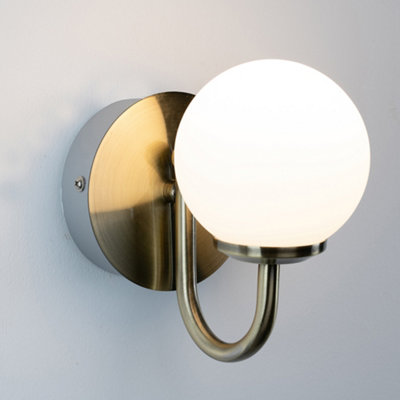 Victoria Bathroom IP44 Wall Light Antique Brass arm White Opal Glass ...