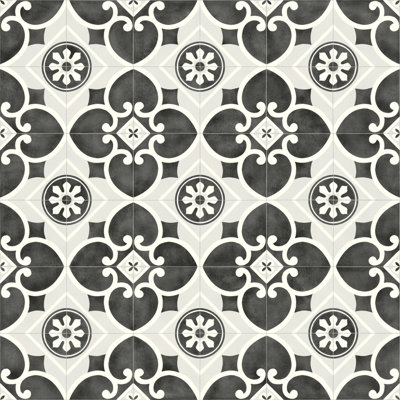 Victoria Floral Black Grey Tile Effect Vinyl Floor 2.5m x 3m