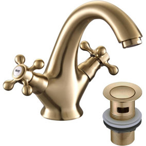Victoria Golden Bathroom Sink Tap for Basin with Pop Up Sink Plug Swan Neck Bathroom Tap Mixer Traditional