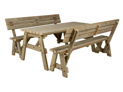 Victoria wooden picnic bench and table set, outdoor dining set with backrest (7ft, Natural finish)
