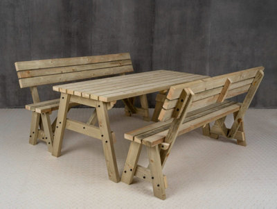 Victoria wooden picnic bench and table set, outdoor dining set with backrest (7ft, Natural finish)