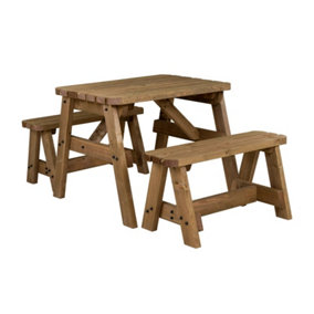 Victoria wooden picnic bench and table set, rounded outdoor dining set (3ft, Rustic brown)