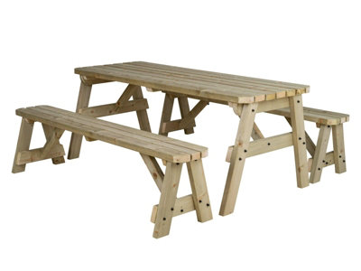 Victoria wooden picnic bench and table set, rounded outdoor dining set (5ft, Natural finish)