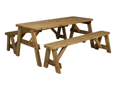 Victoria wooden picnic bench and table set, rounded outdoor dining set (5ft, Rustic brown) DIY