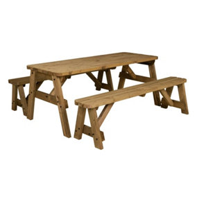 Victoria wooden picnic bench and table set, rounded outdoor dining set (5ft, Rustic brown)