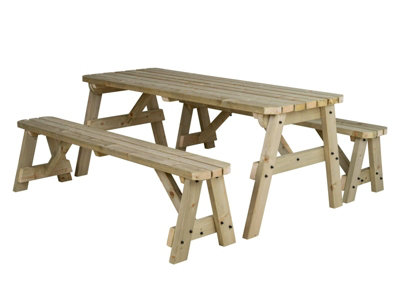 Victoria wooden picnic bench and table set, rounded outdoor dining set (7ft, Natural finish)