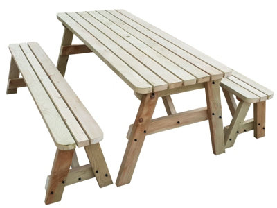 Victoria wooden picnic bench and table set, rounded outdoor dining set (7ft, Natural finish)