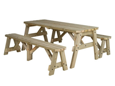 Victoria wooden picnic bench and table set, rounded outdoor dining set (8ft, Natural finish)