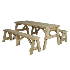 Victoria wooden picnic bench and table set, rounded outdoor dining set (8ft, Natural finish)