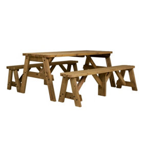 Victoria wooden picnic bench and table set, rounded outdoor dining set (8ft, Rustic brown)