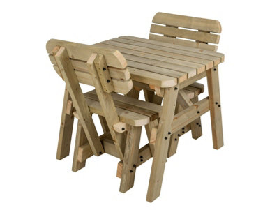 Victoria wooden picnic bench and table set, rounded outdoor dining set with backrest (3ft, Natural finish)