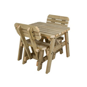 Victoria wooden picnic bench and table set, rounded outdoor dining set with backrest (3ft, Natural finish)