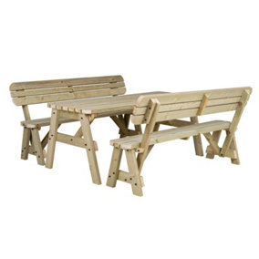 Victoria wooden picnic bench and table set, rounded outdoor dining set with backrest(5ft, Natural finish)