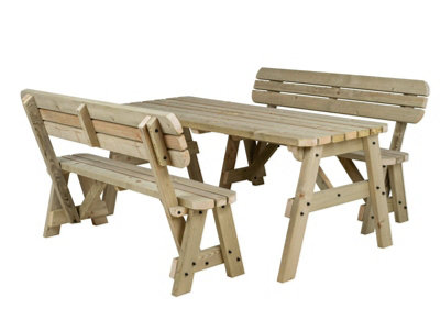 Victoria wooden picnic bench and table set, rounded outdoor dining set with backrest (5ft, Natural finish)