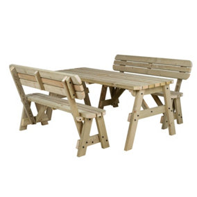 Victoria wooden picnic bench and table set, rounded outdoor dining set with backrest (5ft, Natural finish)