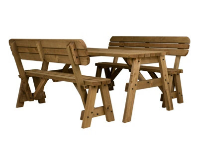 Victoria wooden picnic bench and table set, rounded outdoor dining set with backrest (5ft, Rustic brown)