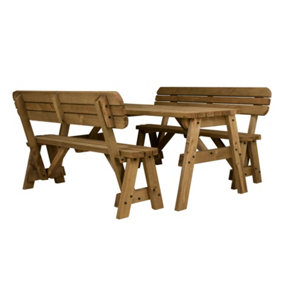 Victoria wooden picnic bench and table set, rounded outdoor dining set with backrest (5ft, Rustic brown)