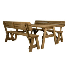 Victoria wooden picnic bench and table set, rounded outdoor dining set with backrest(6ft, Rustic brown)