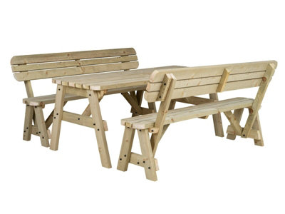 Victoria wooden picnic bench and table set, rounded outdoor dining set with backrest(7ft, Natural finish)