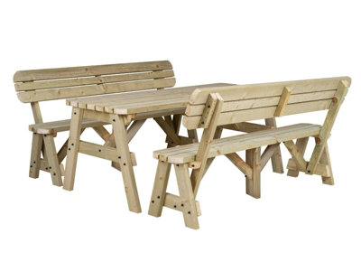 Victoria wooden picnic bench and table set, rounded outdoor dining set with backrest(8ft, Natural finish)