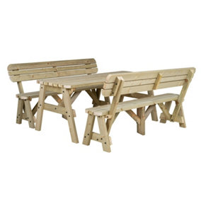 Victoria wooden picnic bench and table set, rounded outdoor dining set with backrest(8ft, Natural finish)