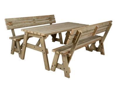 Victoria wooden picnic bench and table set, space-saving outdoor dining set with backrest (6ft, Natural finish)