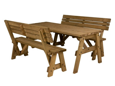 Victoria wooden picnic bench and table set, space-saving outdoor dining set with backrest (8ft, Rustic brown)