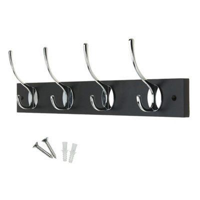 Victorian 4 Hook Wall-Mount Wooden Coat Rack, 45cm - Black Board, Polished Chrome Hook - Pre-Assembled, Fixings Included