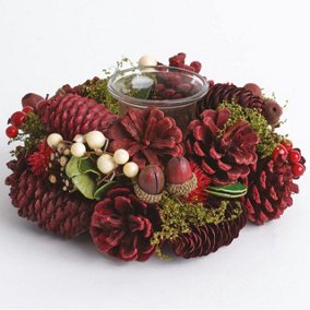 Victorian Dried Candleholder - Round Tealight Holder with Winter Berries, Pinecones, Moss & Acorns - Measures H8 x 18cm Diameter