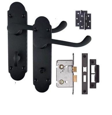 Victorian Epsom Design Scroll Bathroom Door Handle 170mm X 40mm Matt Black Bathroom Mortise Lock Set with 3" Ball Bearing Hinges