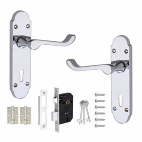 Victorian Epsom Design Scroll Polished Chrome Lever Lock Door Handles +3 Lever Lock Set with 1 Pair of 3" Ball Bearing Hinges
