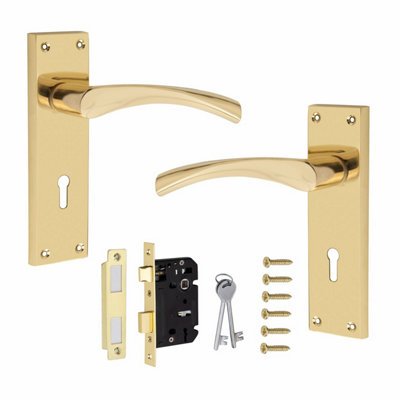 Victorian Scroll Astrid Handle Gold Polished Brass Lever Lock Door Handles with 64mm 3 Lever Lock Set 150mm x 40mm Backplate