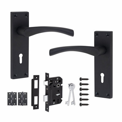 Victorian Scroll Astrid Handle Matt Black Lever Lock Door Handles 3 Lever Lock Set 1 Pair of 3" Ball Bearing Hinges - GG