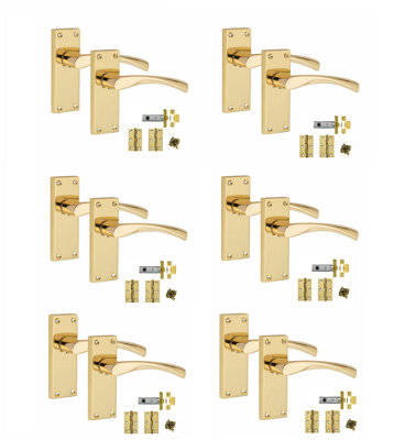 Victorian Scroll Astrid Handle Polished Brass Bathroom WC Toilet Door Handles Bathroom Mortise Lock and 1 Pair of 3" Butt Hinges