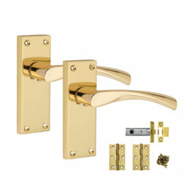 Victorian Scroll Astrid handle Polished Brass Finish 120mm x 42mm With 2.5" Latch and 1 Pair of Hinges - Golden Grace