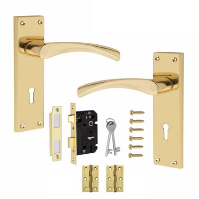 Victorian Scroll Astrid Handle Polished Brass Lever Lock Door Handles +3 Lever Lock Set with 1 Pair of 3" Standard Butt Hinges