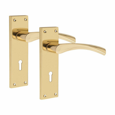 Victorian Scroll Astrid Handle Polished Brass Lever Lock Door Handles +3 Lever Lock Set with 1 Pair of 3" Standard Butt Hinges