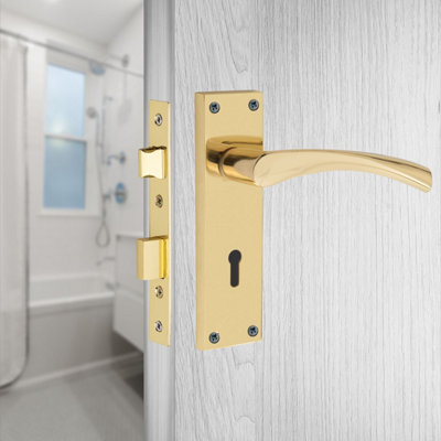Victorian Scroll Astrid Handle Polished Brass Lever Lock Door Handles +3 Lever Lock Set with 1 Pair of 3" Standard Butt Hinges