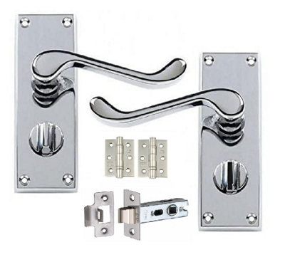 Victorian Scroll Chrome Door Handle Privacy Pack with 3" Ball Bearing Hinges & Latch